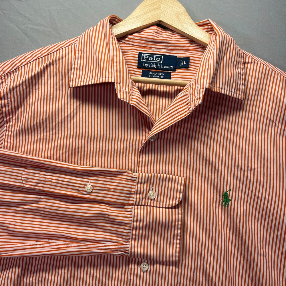 Polo Ralph Lauren Bradford Shirt Mens Large Custom Fit Pinstripe Orange Vintage